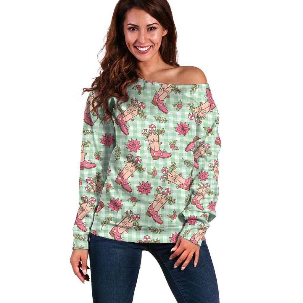 Green Paniolo Palaka Hawaiian Cowgirl Christmas Off Shoulder Sweater - Polynesian Pride