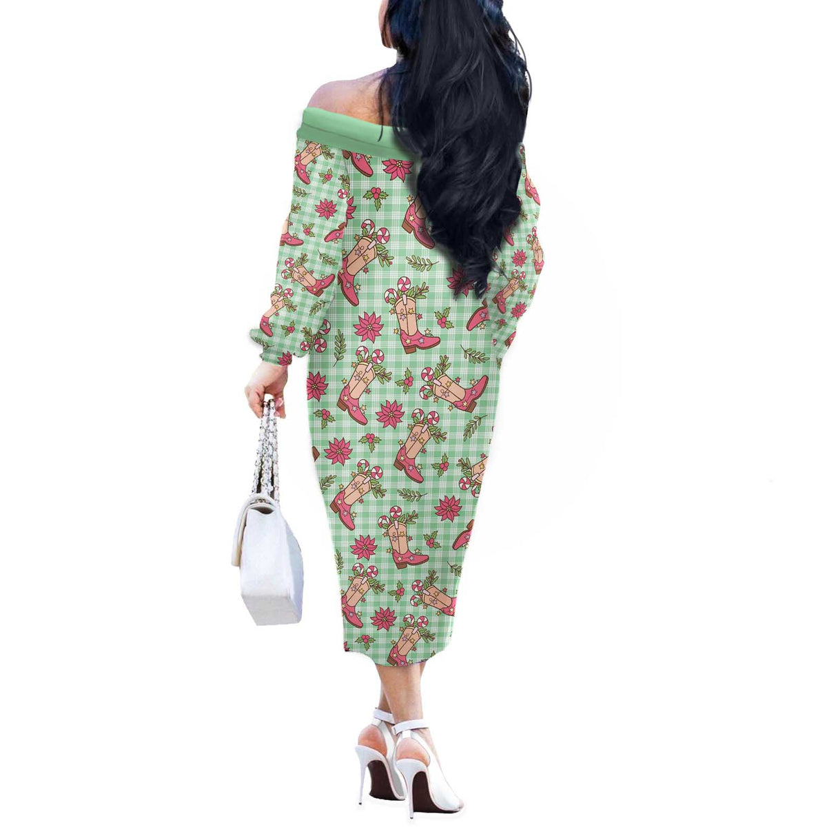 Green Paniolo Palaka Hawaiian Cowgirl Christmas Off The Shoulder Long Sleeve Dress - Polynesian Pride