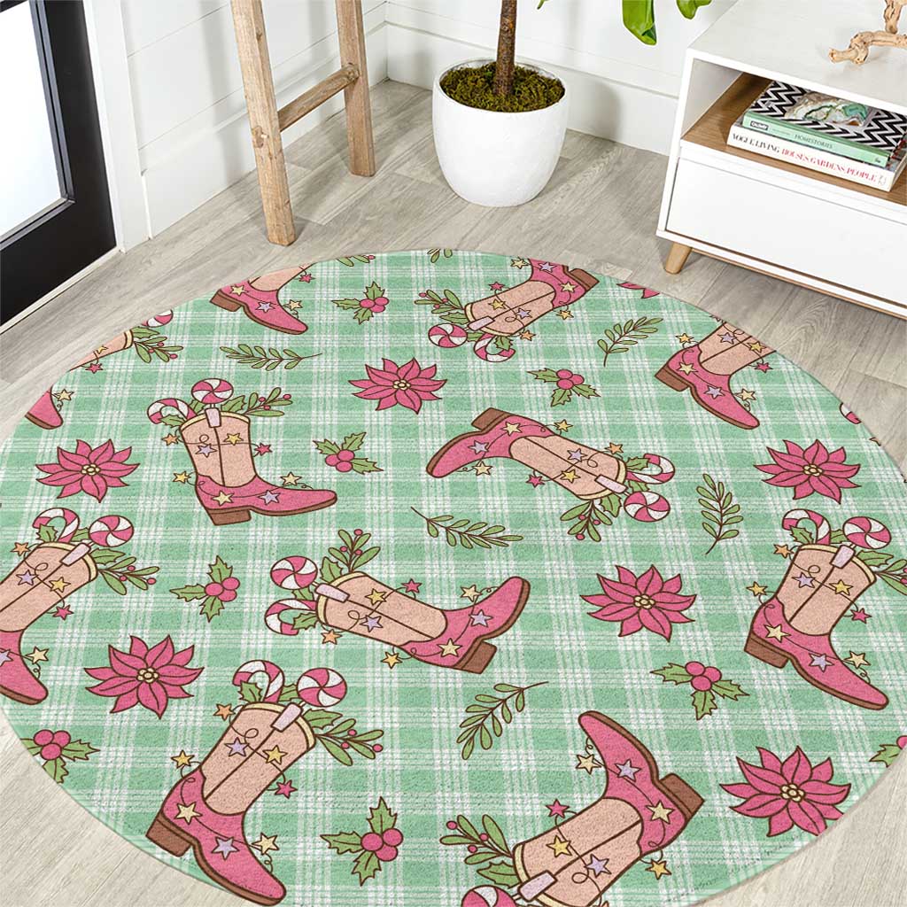 Green Paniolo Palaka Hawaiian Cowgirl Christmas Round Carpet - Polynesian Pride