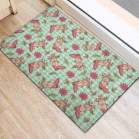 Green Paniolo Palaka Hawaiian Cowgirl Christmas Rubber Doormat - Polynesian Pride