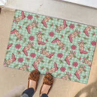 Green Paniolo Palaka Hawaiian Cowgirl Christmas Rubber Doormat - Polynesian Pride
