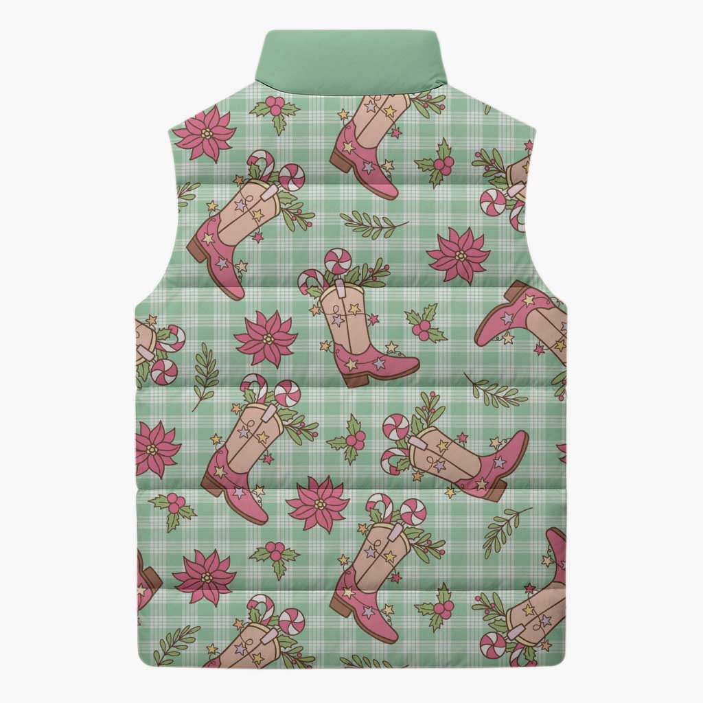 Green Paniolo Palaka Hawaiian Cowgirl Christmas Sleeveless Puffer Jacket - Polynesian Pride