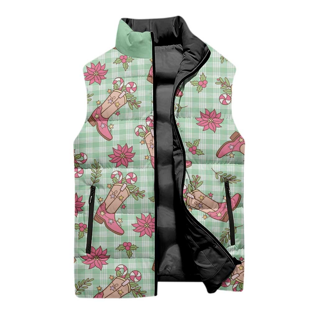 Green Paniolo Palaka Hawaiian Cowgirl Christmas Sleeveless Puffer Jacket - Polynesian Pride