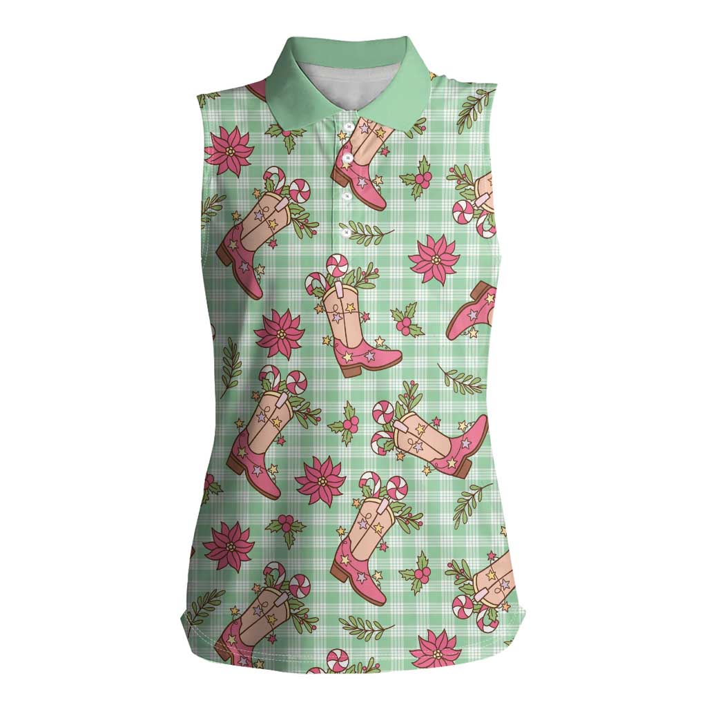 Green Paniolo Palaka Hawaiian Cowgirl Christmas Women Sleeveless Polo Shirt - Polynesian Pride