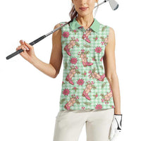 Green Paniolo Palaka Hawaiian Cowgirl Christmas Women Sleeveless Polo Shirt - Polynesian Pride