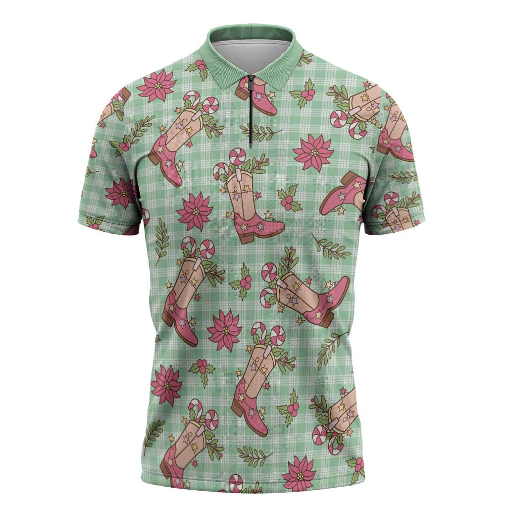 Green Paniolo Palaka Hawaiian Cowgirl Christmas Zipper Polo Shirt - Polynesian Pride