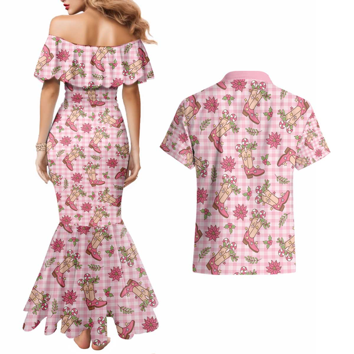 Pink Paniolo Palaka Hawaiian Cowgirl Christmas Couples Matching Mermaid Dress and Hawaiian Shirt - Polynesian Pride