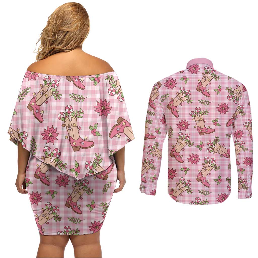 Pink Paniolo Palaka Hawaiian Cowgirl Christmas Couples Matching Off Shoulder Short Dress and Long Sleeve Button Shirt - Polynesian Pride