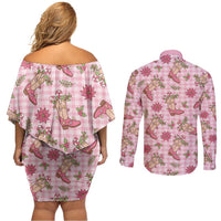 Pink Paniolo Palaka Hawaiian Cowgirl Christmas Couples Matching Off Shoulder Short Dress and Long Sleeve Button Shirt - Polynesian Pride