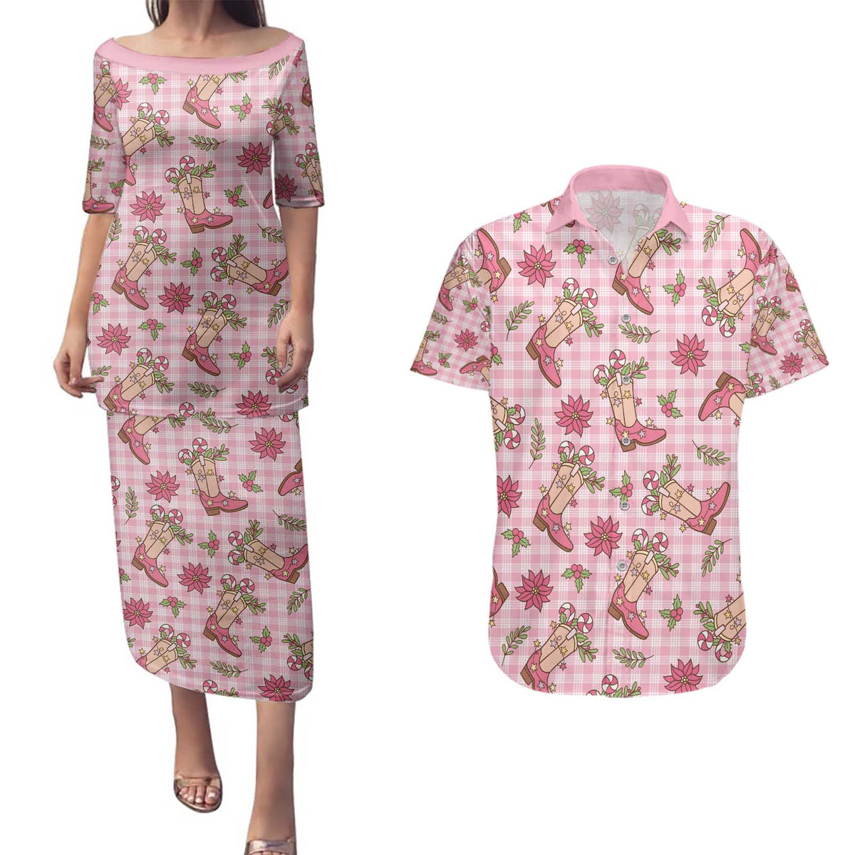 Pink Paniolo Palaka Hawaiian Cowgirl Christmas Couples Matching Puletasi and Hawaiian Shirt - Polynesian Pride