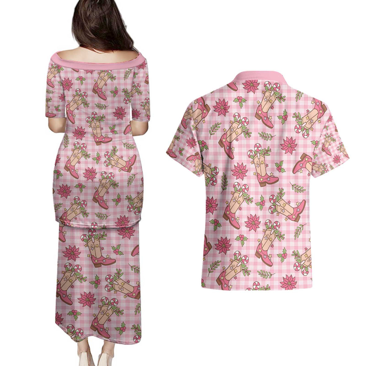 Pink Paniolo Palaka Hawaiian Cowgirl Christmas Couples Matching Puletasi and Hawaiian Shirt - Polynesian Pride