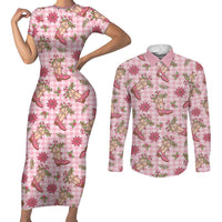 Pink Paniolo Palaka Hawaiian Cowgirl Christmas Couples Matching Short Sleeve Bodycon Dress and Long Sleeve Button Shirt LT9 Pink - Polynesian Pride