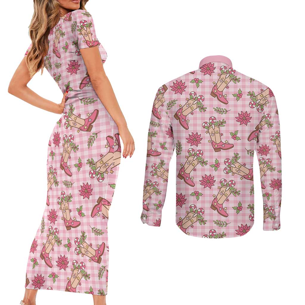 Pink Paniolo Palaka Hawaiian Cowgirl Christmas Couples Matching Short Sleeve Bodycon Dress and Long Sleeve Button Shirt LT9 - Polynesian Pride