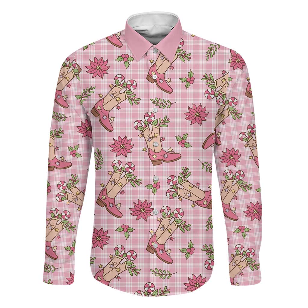 Pink Paniolo Palaka Hawaiian Cowgirl Christmas Family Matching Off Shoulder Maxi Dress and Hawaiian Shirt LT9 Dad's Shirt - Long Sleeve Pink - Polynesian Pride