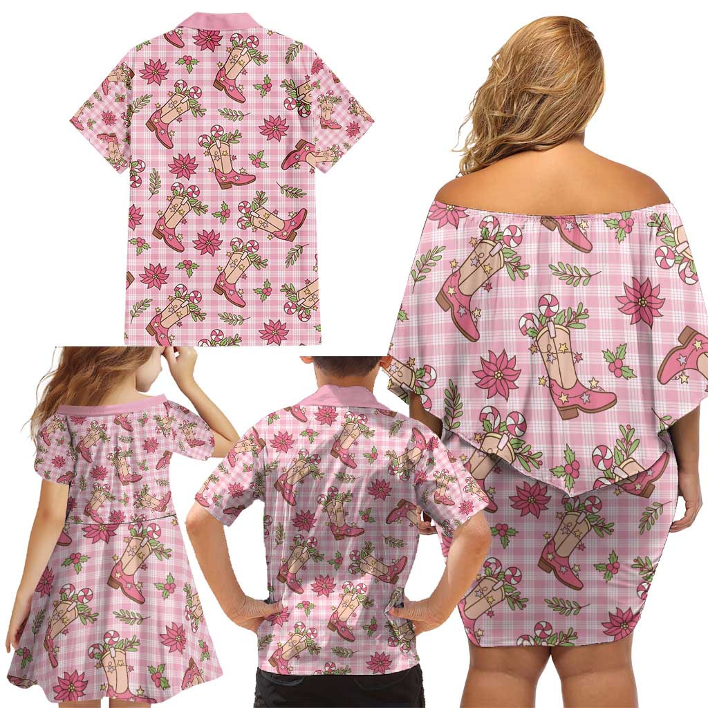 Pink Paniolo Palaka Hawaiian Cowgirl Christmas Family Matching Off Shoulder Short Dress and Hawaiian Shirt - Polynesian Pride