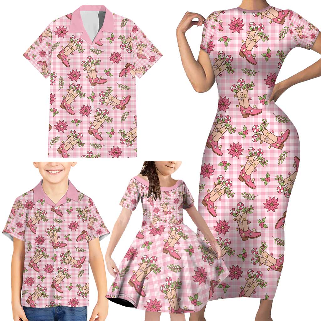 Pink Paniolo Palaka Hawaiian Cowgirl Christmas Family Matching Short Sleeve Bodycon Dress and Hawaiian Shirt - Polynesian Pride