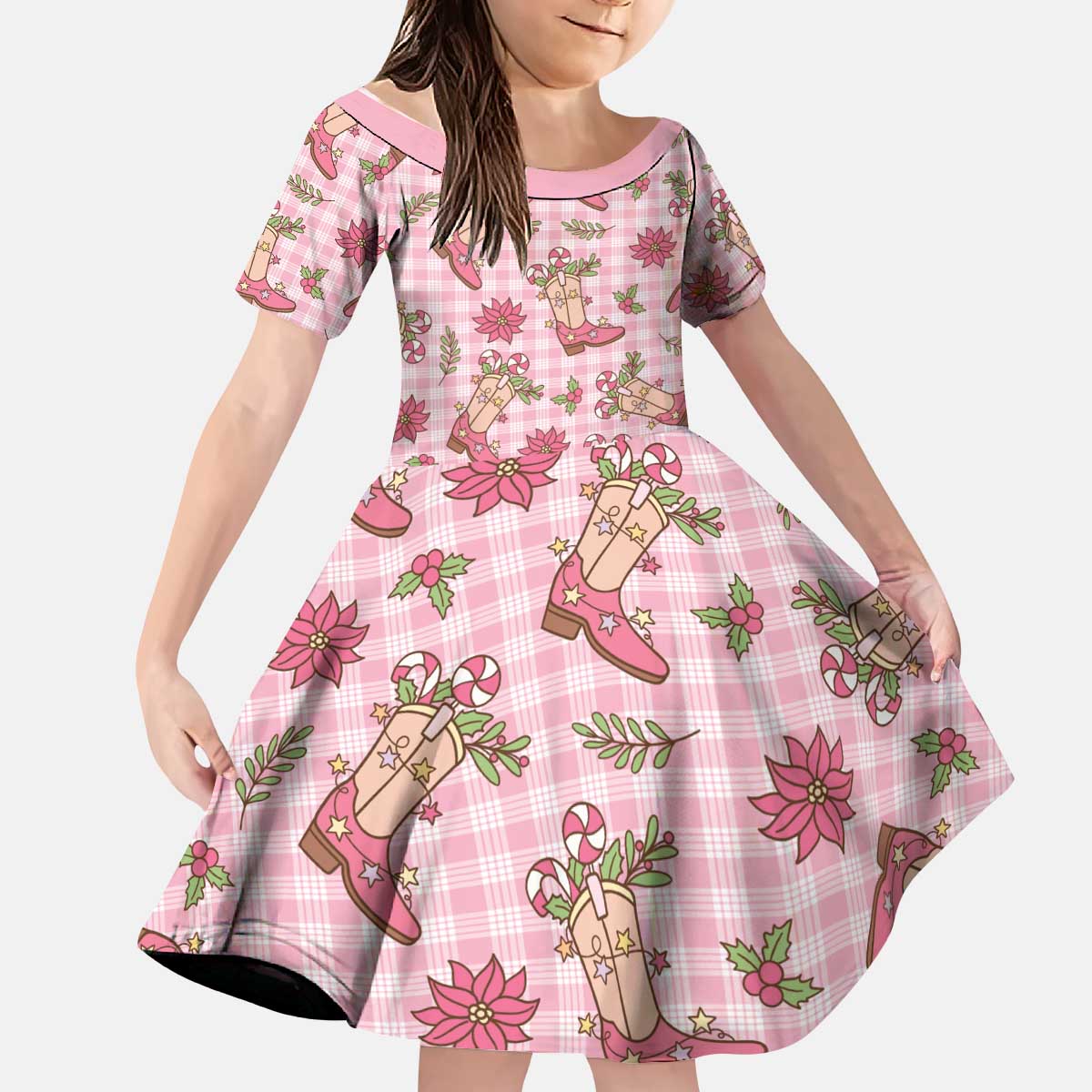 Pink Paniolo Palaka Hawaiian Cowgirl Christmas Kid Short Sleeve Dress - Polynesian Pride