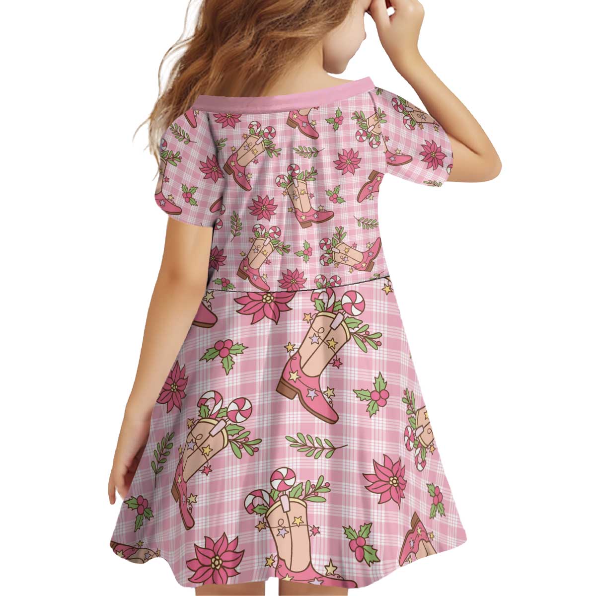 Pink Paniolo Palaka Hawaiian Cowgirl Christmas Kid Short Sleeve Dress - Polynesian Pride