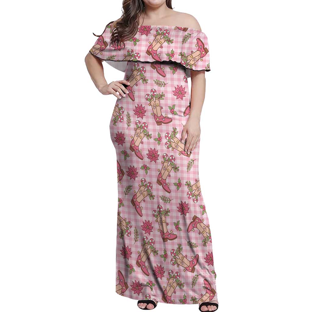 Pink Paniolo Palaka Hawaiian Cowgirl Christmas Off Shoulder Maxi Dress - Polynesian Pride