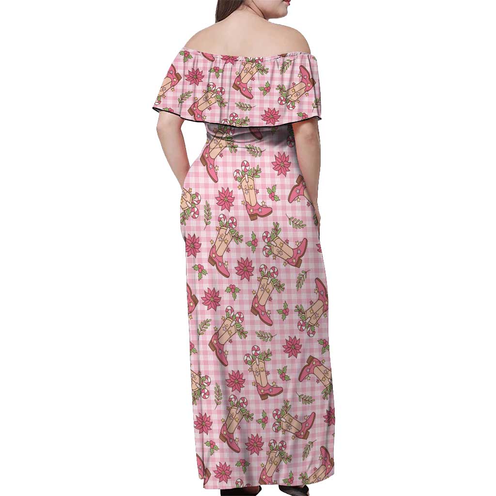 Pink Paniolo Palaka Hawaiian Cowgirl Christmas Off Shoulder Maxi Dress - Polynesian Pride