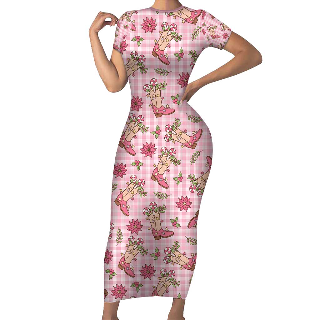 Pink Paniolo Palaka Hawaiian Cowgirl Christmas Short Sleeve Bodycon Dress - Polynesian Pride