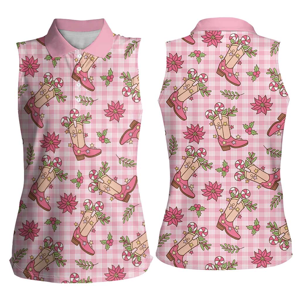 Pink Paniolo Palaka Hawaiian Cowgirl Christmas Women Sleeveless Polo Shirt - Polynesian Pride