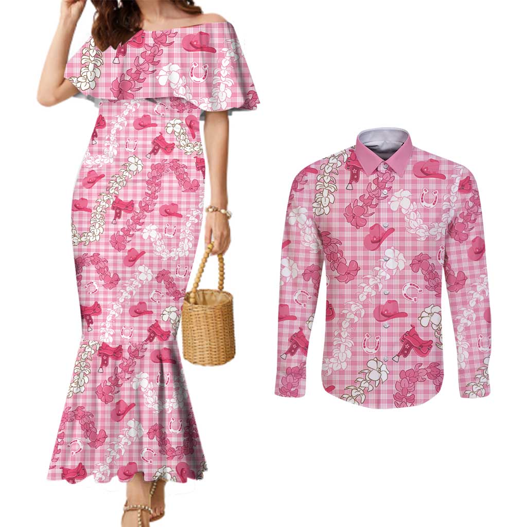 Paniolo Palaka Hawaiian Cowgirl Couples Matching Mermaid Dress and Long Sleeve Button Shirt - Polynesian Pride