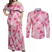Paniolo Palaka Hawaiian Cowgirl Couples Matching Off Shoulder Maxi Dress and Long Sleeve Button Shirt - Polynesian Pride