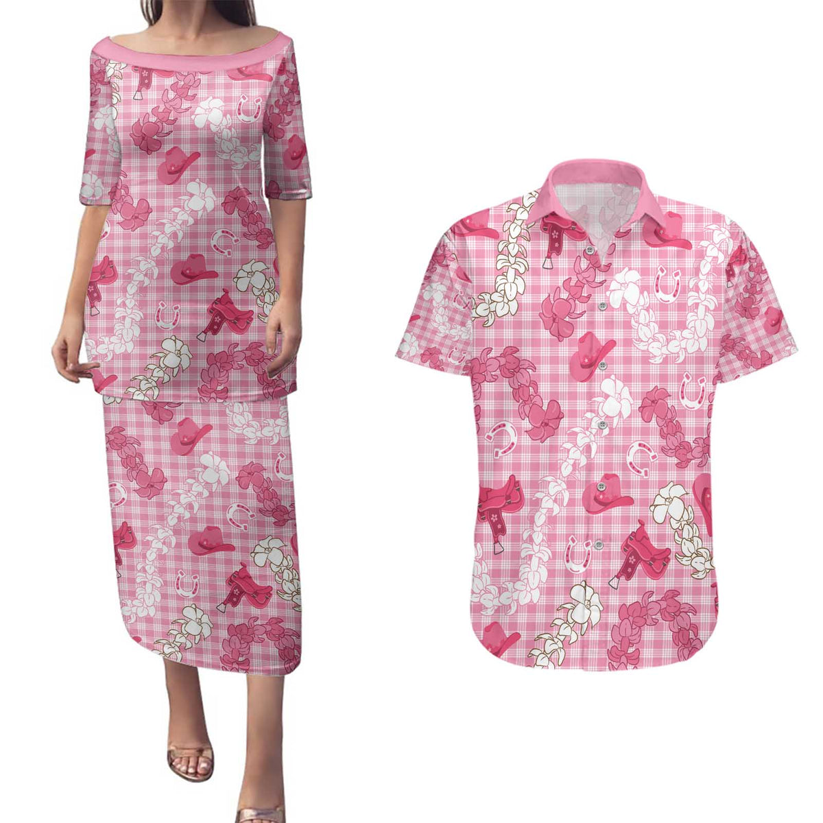 Paniolo Palaka Hawaiian Cowgirl Couples Matching Puletasi and Hawaiian Shirt - Polynesian Pride