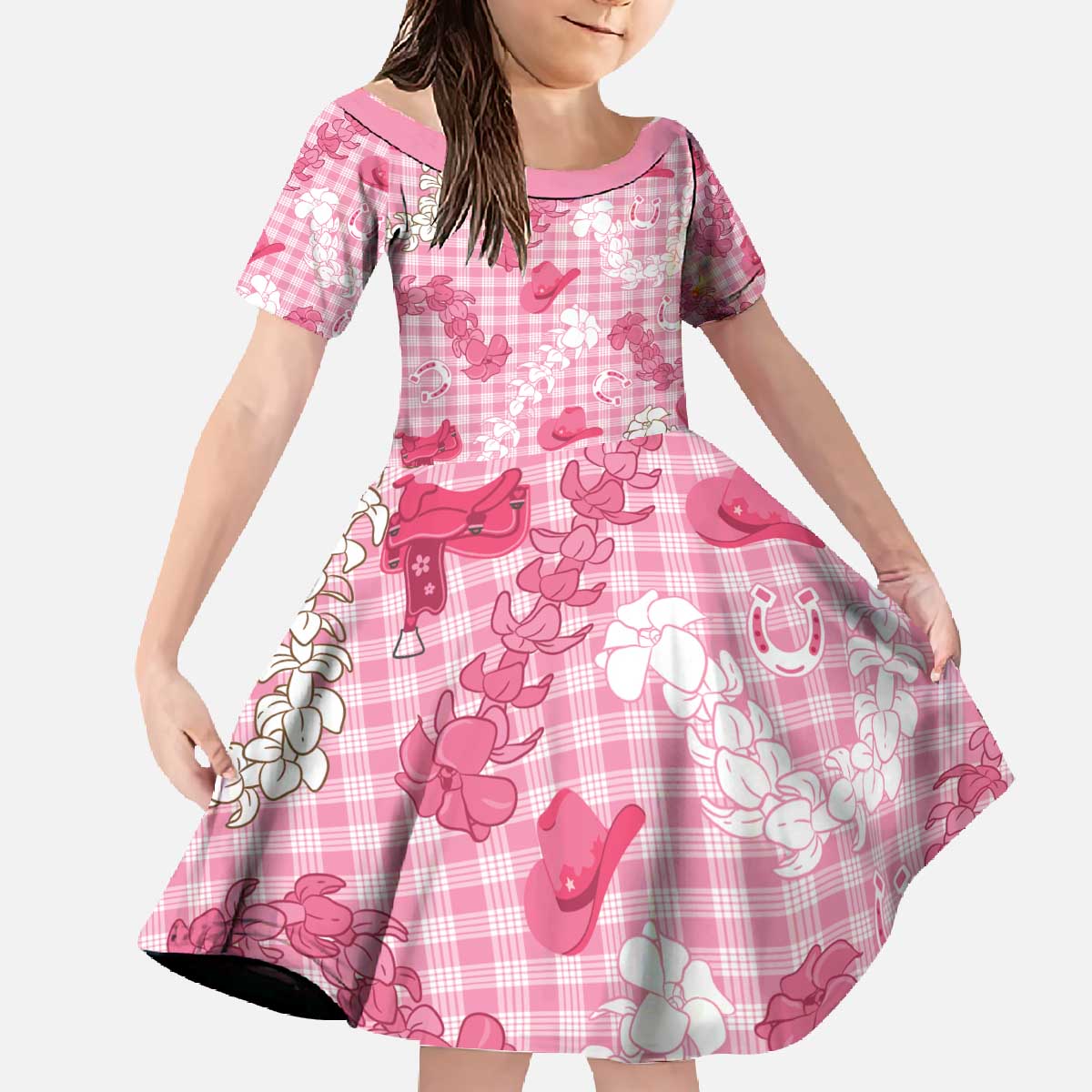 Paniolo Palaka Hawaiian Cowgirl Family Matching Off The Shoulder Long Sleeve Dress and Hawaiian Shirt - Polynesian Pride