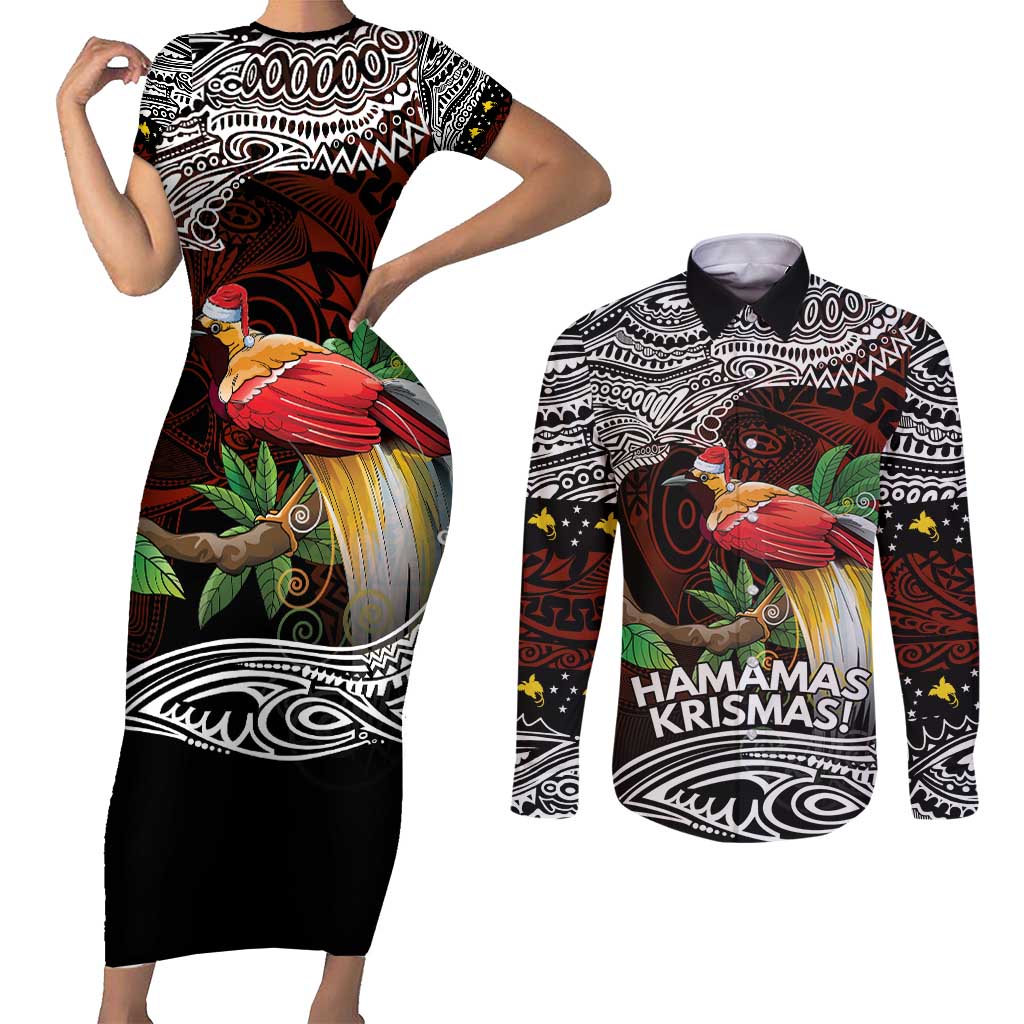 Papua New Guinea Christmas Couples Matching Short Sleeve Bodycon Dress and Long Sleeve Button Shirt - Polynesian Pride