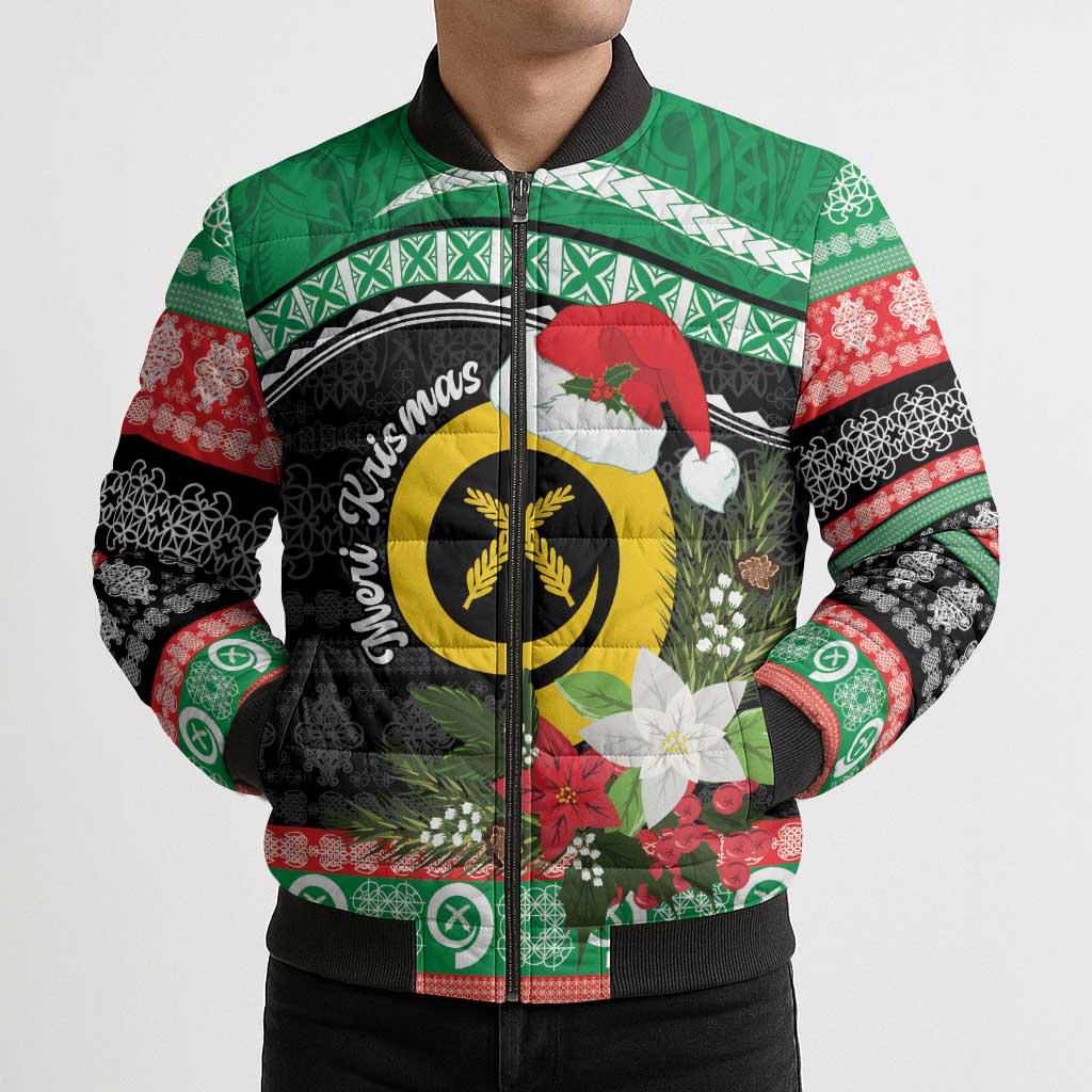 Vanuatu Pig's Tusk Meri Krismas! Bomber Puffer Jacket Vanuatuan Sand Drawing Pattern - Polynesian Pride