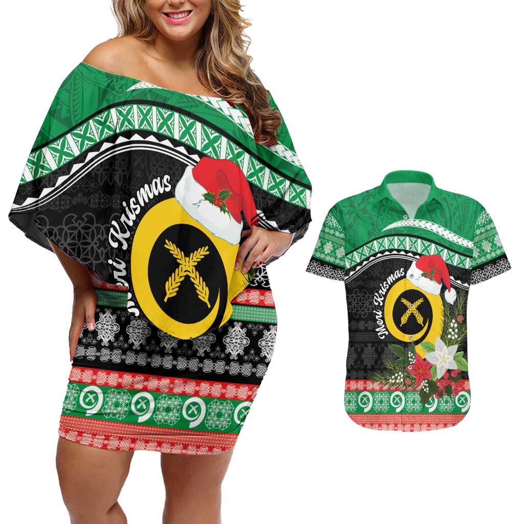 Vanuatu Pig's Tusk Meri Krismas! Couples Matching Off Shoulder Short Dress and Hawaiian Shirt Vanuatuan Sand Drawing Pattern - Polynesian Pride