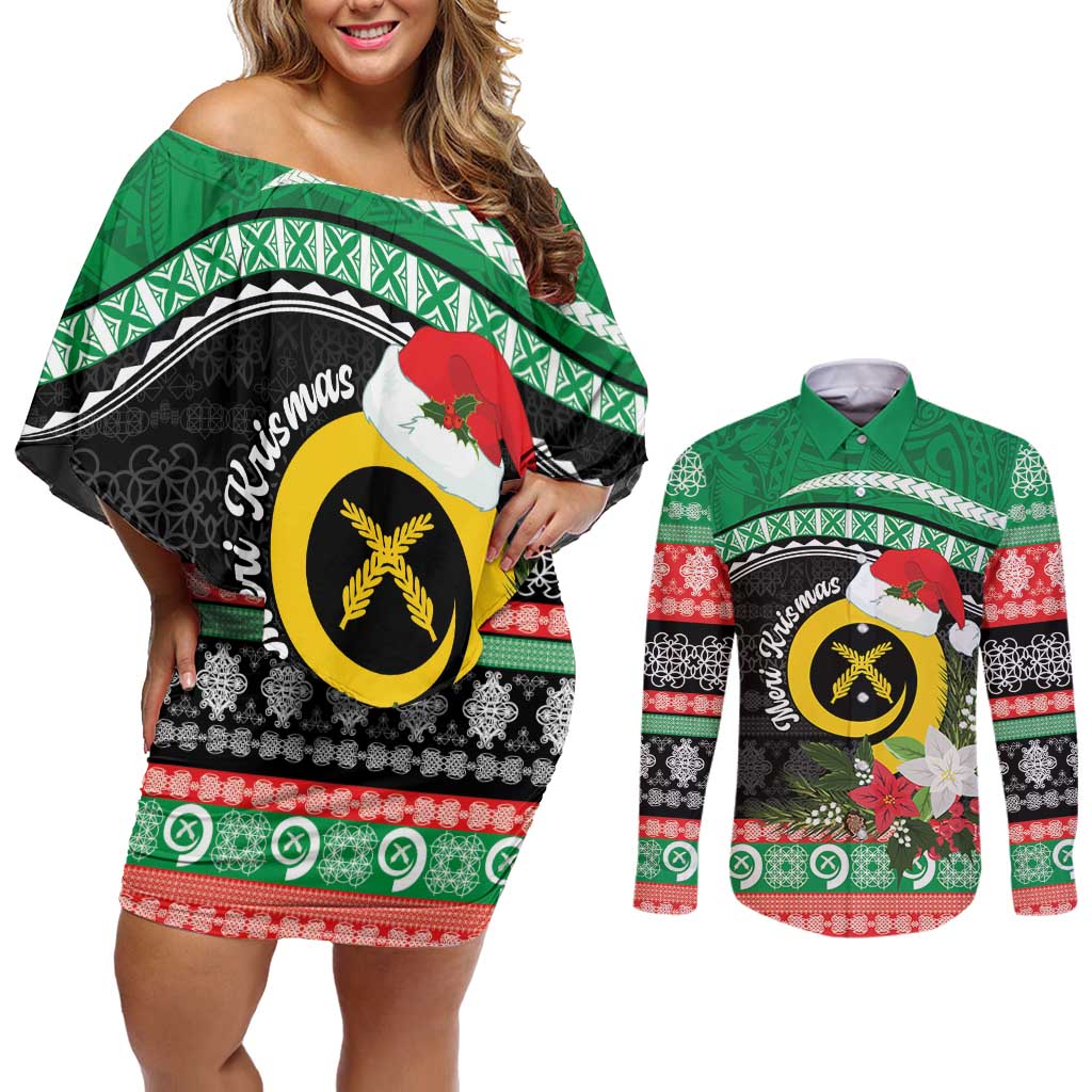 Vanuatu Pig's Tusk Meri Krismas! Couples Matching Off Shoulder Short Dress and Long Sleeve Button Shirt Vanuatuan Sand Drawing Pattern - Polynesian Pride