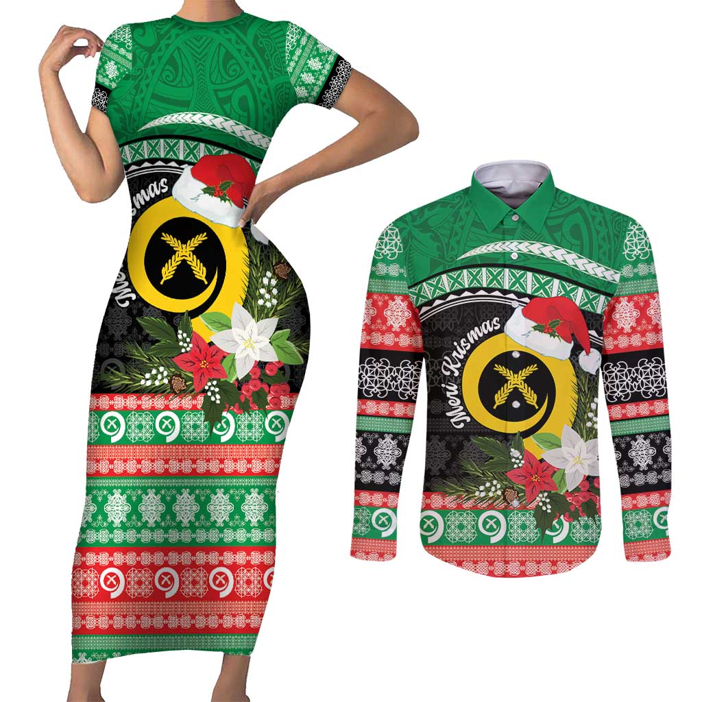 Vanuatu Pig's Tusk Meri Krismas! Couples Matching Short Sleeve Bodycon Dress and Long Sleeve Button Shirt Vanuatuan Sand Drawing Pattern - Polynesian Pride