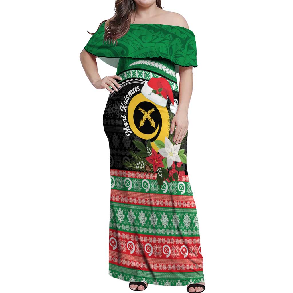 Vanuatu Pig's Tusk Meri Krismas! Off Shoulder Maxi Dress Vanuatuan Sand Drawing Pattern - Polynesian Pride