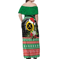 Vanuatu Pig's Tusk Meri Krismas! Off Shoulder Maxi Dress Vanuatuan Sand Drawing Pattern - Polynesian Pride