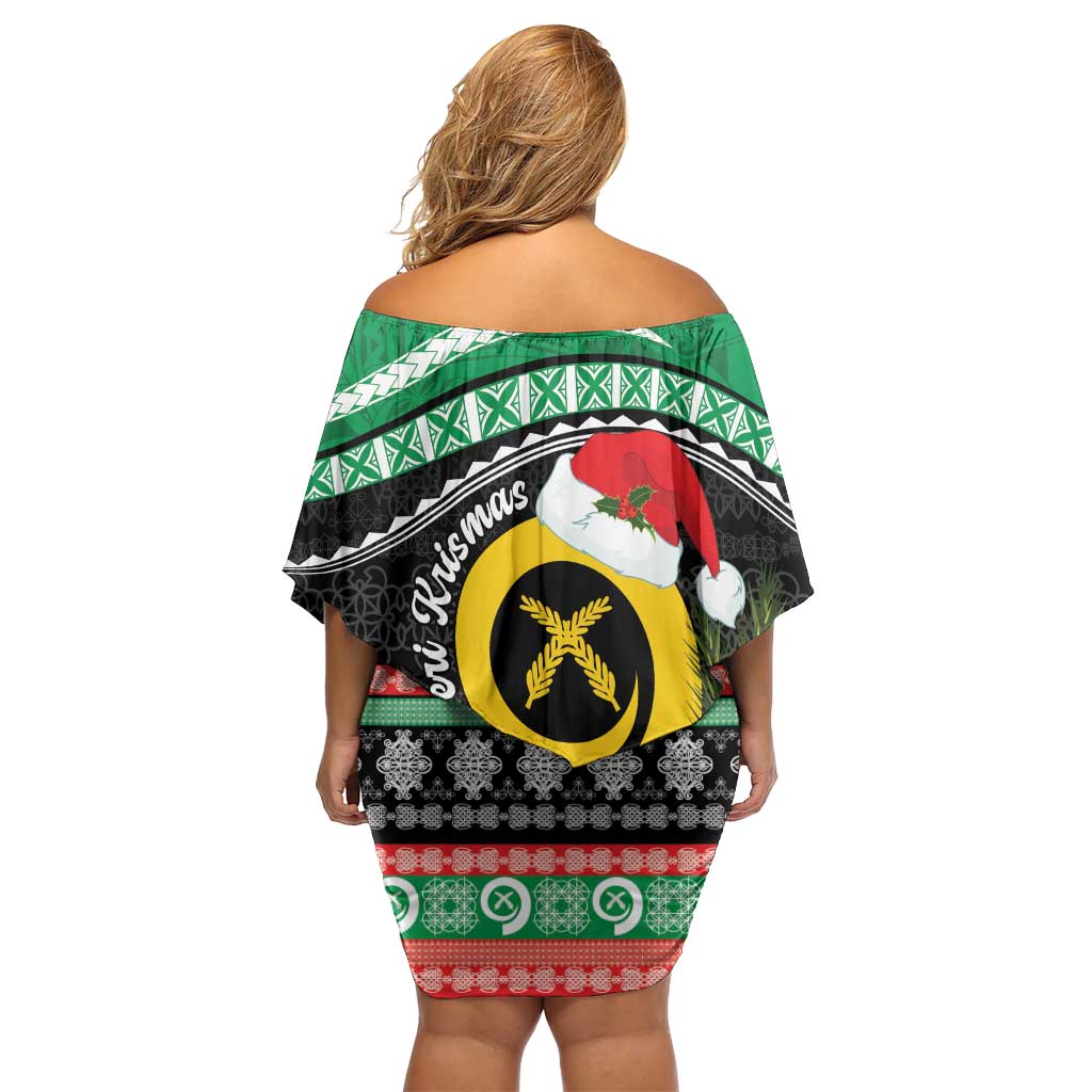 Vanuatu Pig's Tusk Meri Krismas! Off Shoulder Short Dress Vanuatuan Sand Drawing Pattern - Polynesian Pride