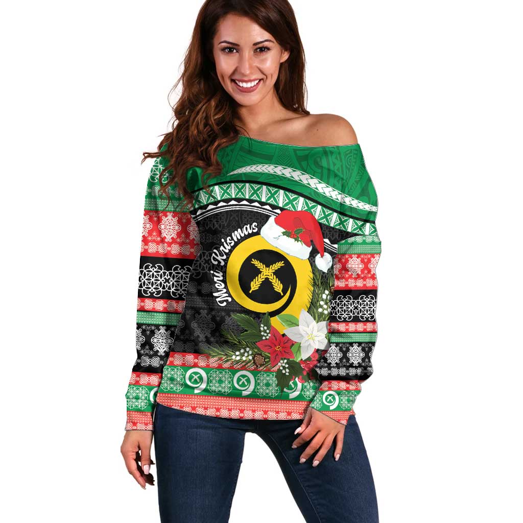 Vanuatu Pig's Tusk Meri Krismas! Off Shoulder Sweater Vanuatuan Sand Drawing Pattern - Polynesian Pride