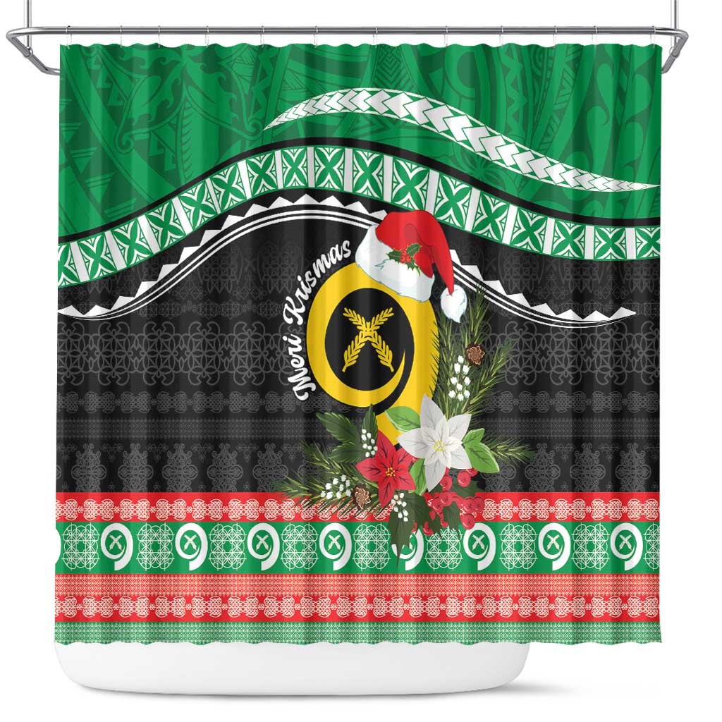 Vanuatu Pig's Tusk Meri Krismas! Shower Curtain Vanuatuan Sand Drawing Pattern - Polynesian Pride