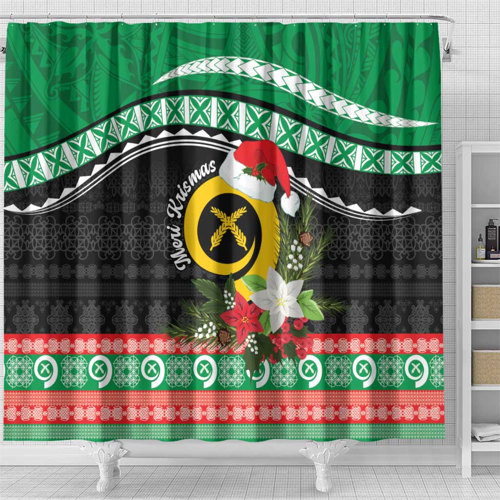 Vanuatu Pig's Tusk Meri Krismas! Shower Curtain Vanuatuan Sand Drawing Pattern - Polynesian Pride