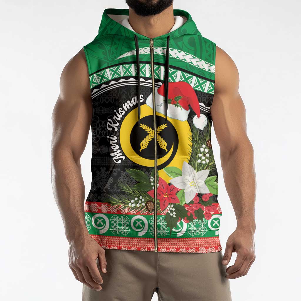 Vanuatu Pig's Tusk Meri Krismas! Sleeveless Zip Hoodie Vanuatuan Sand Drawing Pattern - Polynesian Pride