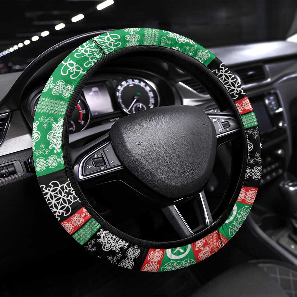 Vanuatu Pig's Tusk Meri Krismas! Steering Wheel Cover Vanuatuan Sand Drawing Pattern - Polynesian Pride