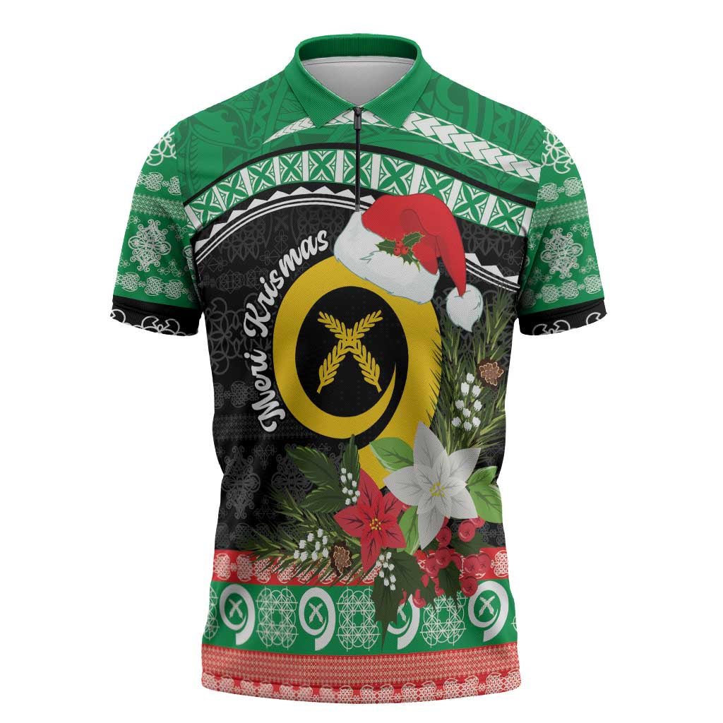 Vanuatu Pig's Tusk Meri Krismas! Zipper Polo Shirt Vanuatuan Sand Drawing Pattern - Polynesian Pride