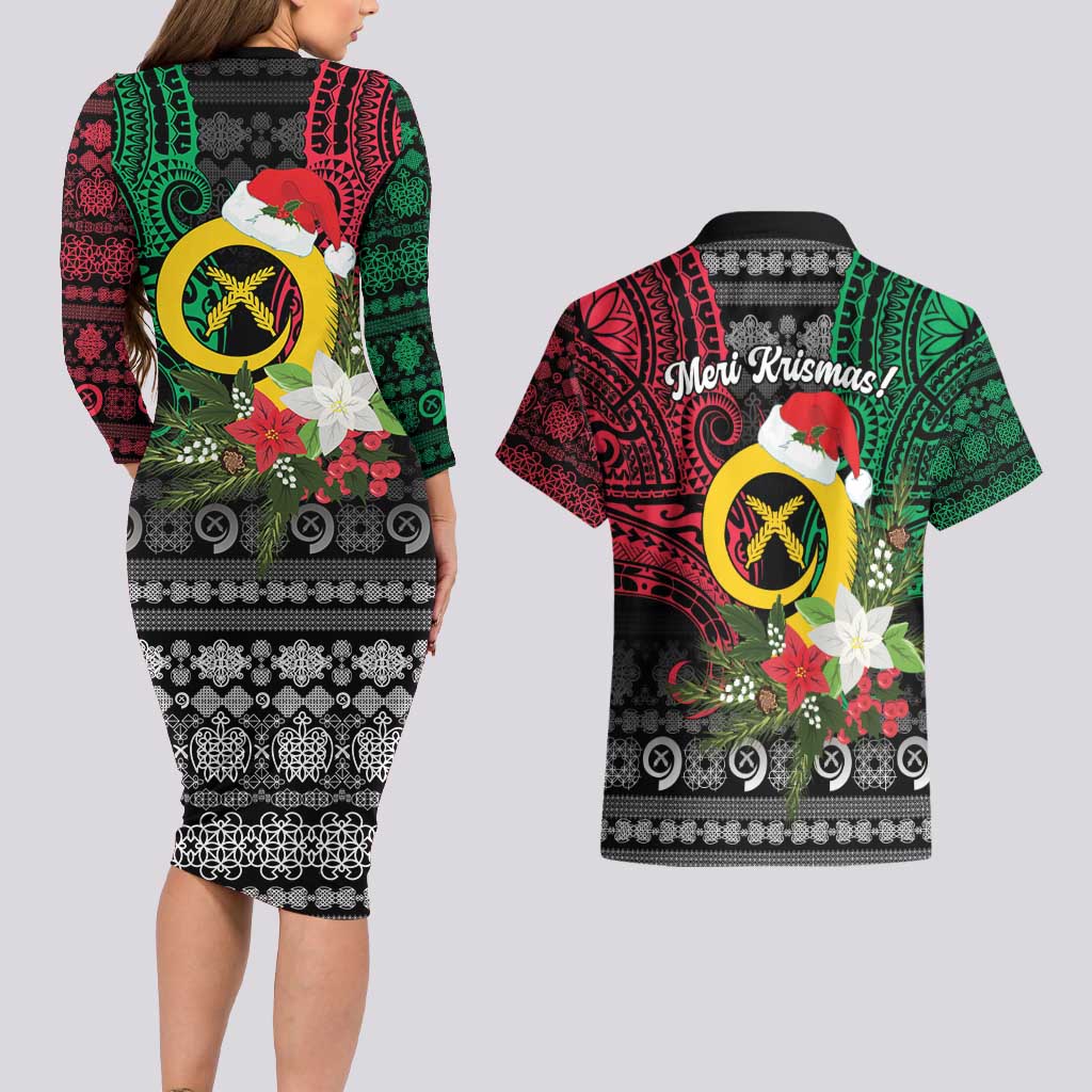 Vanuatu Pig's Tusk Meri Krismas! Couples Matching Long Sleeve Bodycon Dress and Hawaiian Shirt Vanuatuan Ancient Art Spirit - Polynesian Pride