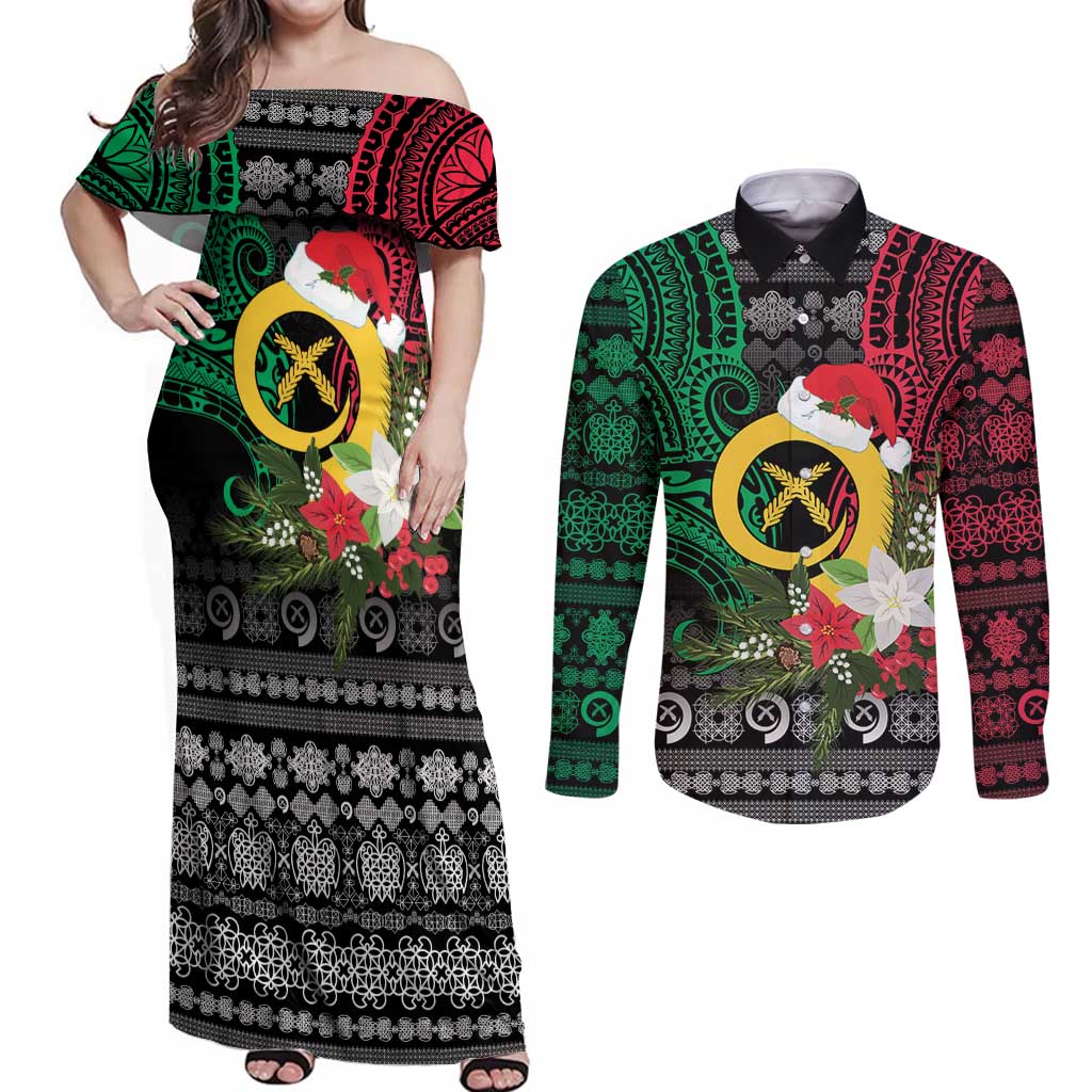 Vanuatu Pig's Tusk Meri Krismas! Couples Matching Off Shoulder Maxi Dress and Long Sleeve Button Shirt Vanuatuan Ancient Art Spirit LT9 Black - Polynesian Pride