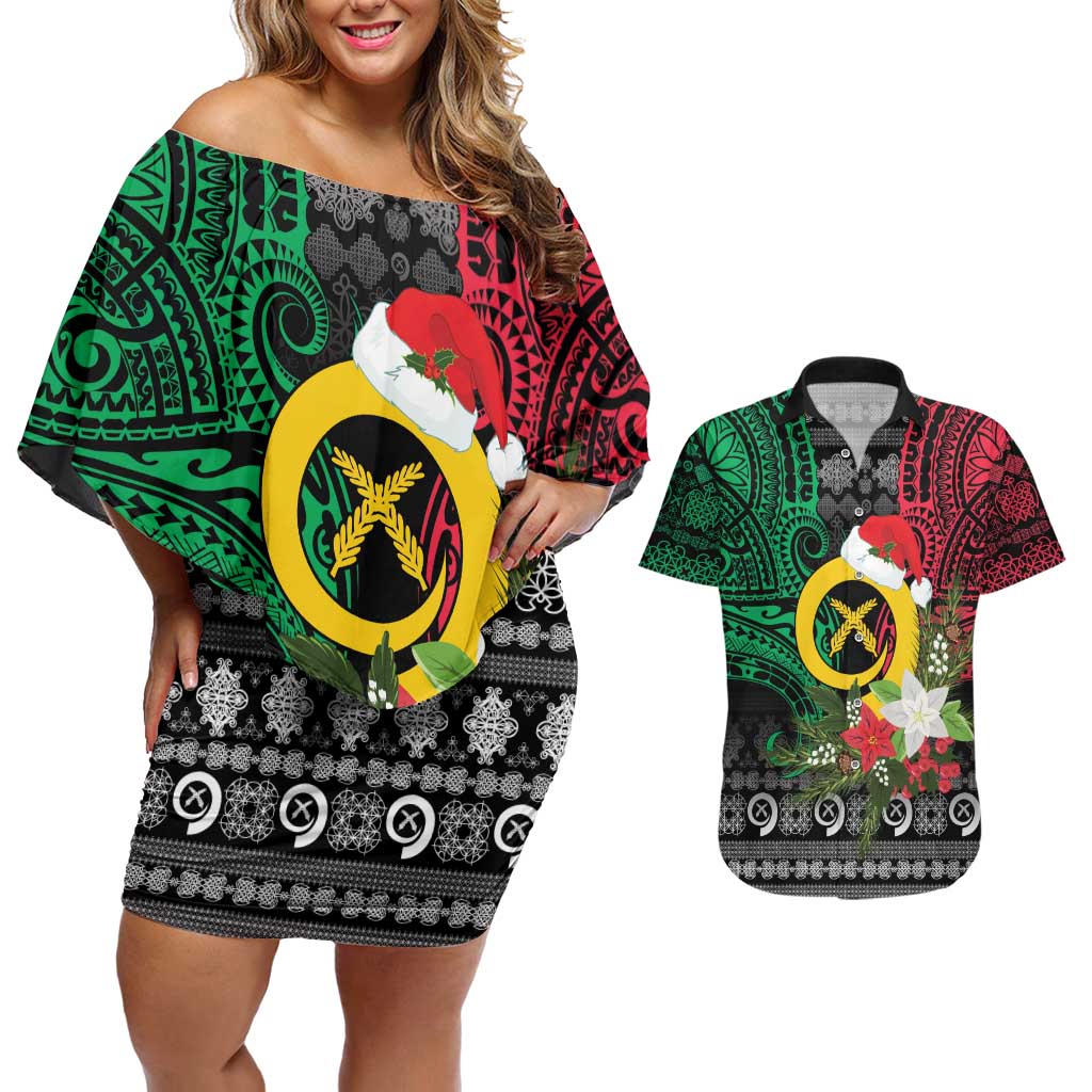 Vanuatu Pig's Tusk Meri Krismas! Couples Matching Off Shoulder Short Dress and Hawaiian Shirt Vanuatuan Ancient Art Spirit LT9 Black - Polynesian Pride