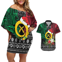 Vanuatu Pig's Tusk Meri Krismas! Couples Matching Off Shoulder Short Dress and Hawaiian Shirt Vanuatuan Ancient Art Spirit LT9 Black - Polynesian Pride
