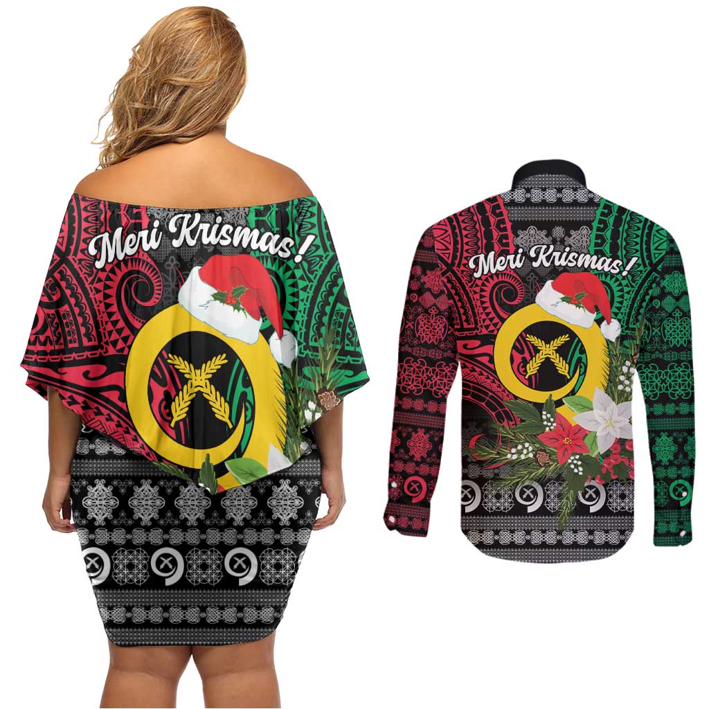 Vanuatu Pig's Tusk Meri Krismas! Couples Matching Off Shoulder Short Dress and Long Sleeve Button Shirt Vanuatuan Ancient Art Spirit - Polynesian Pride