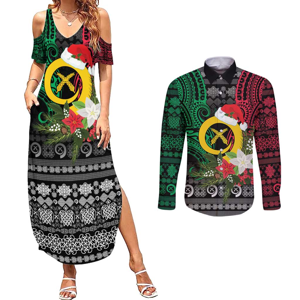 Vanuatu Pig's Tusk Meri Krismas! Couples Matching Summer Maxi Dress and Long Sleeve Button Shirt Vanuatuan Ancient Art Spirit - Polynesian Pride